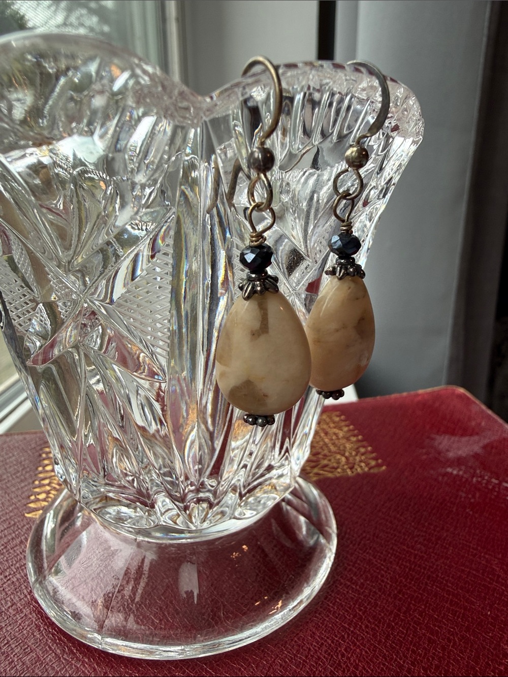 Beige Jasper Teardrop Stone Dangle Earrings with Sterling Silver Accents - Picture 5 of 5